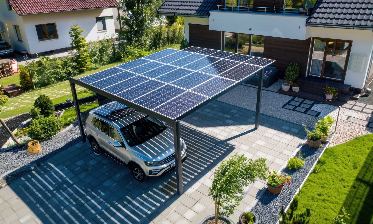 Solarcarport darunter ein E-Auto
