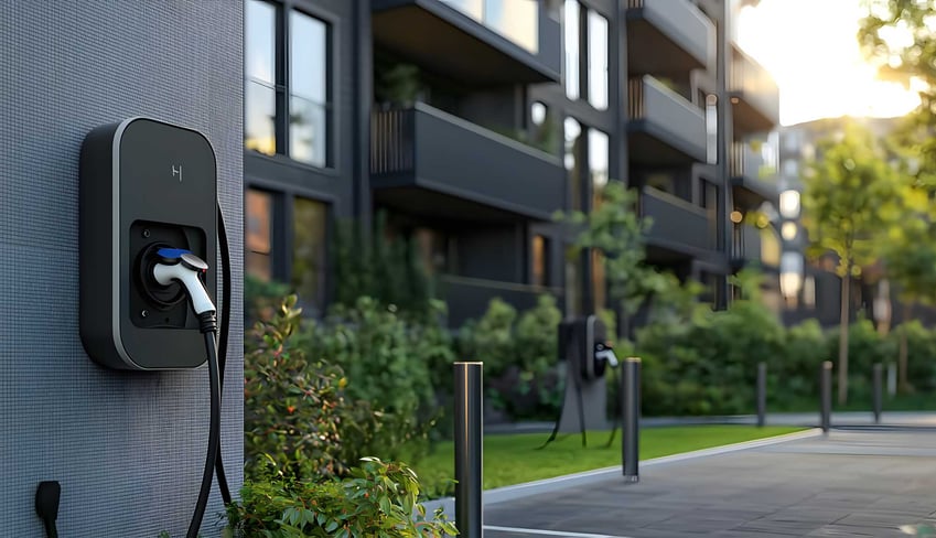 Wallbox mit Mehrfamilienhaus im Hintergrund